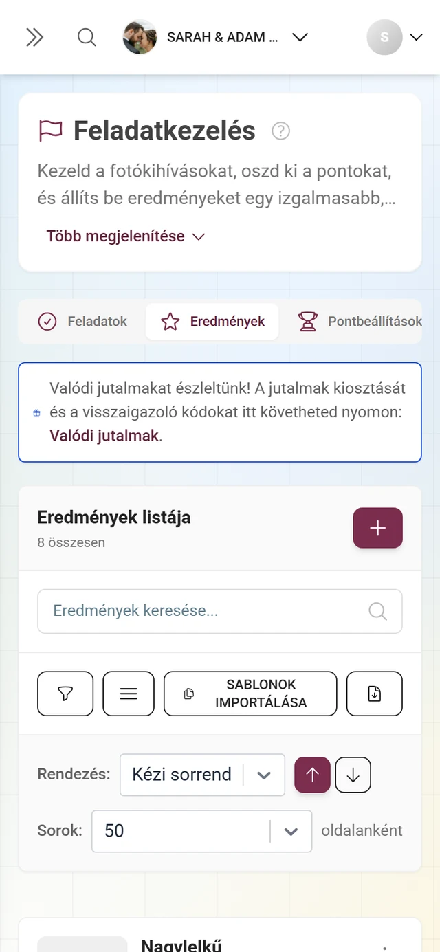 Eredménylista a Feladatok és pontok területen