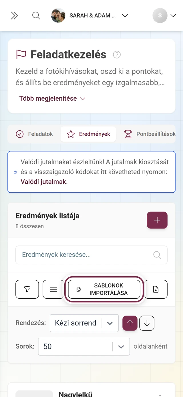 Az eredménykezelés eszköztára a pirossal jelölt Sablonok importálása gombbal