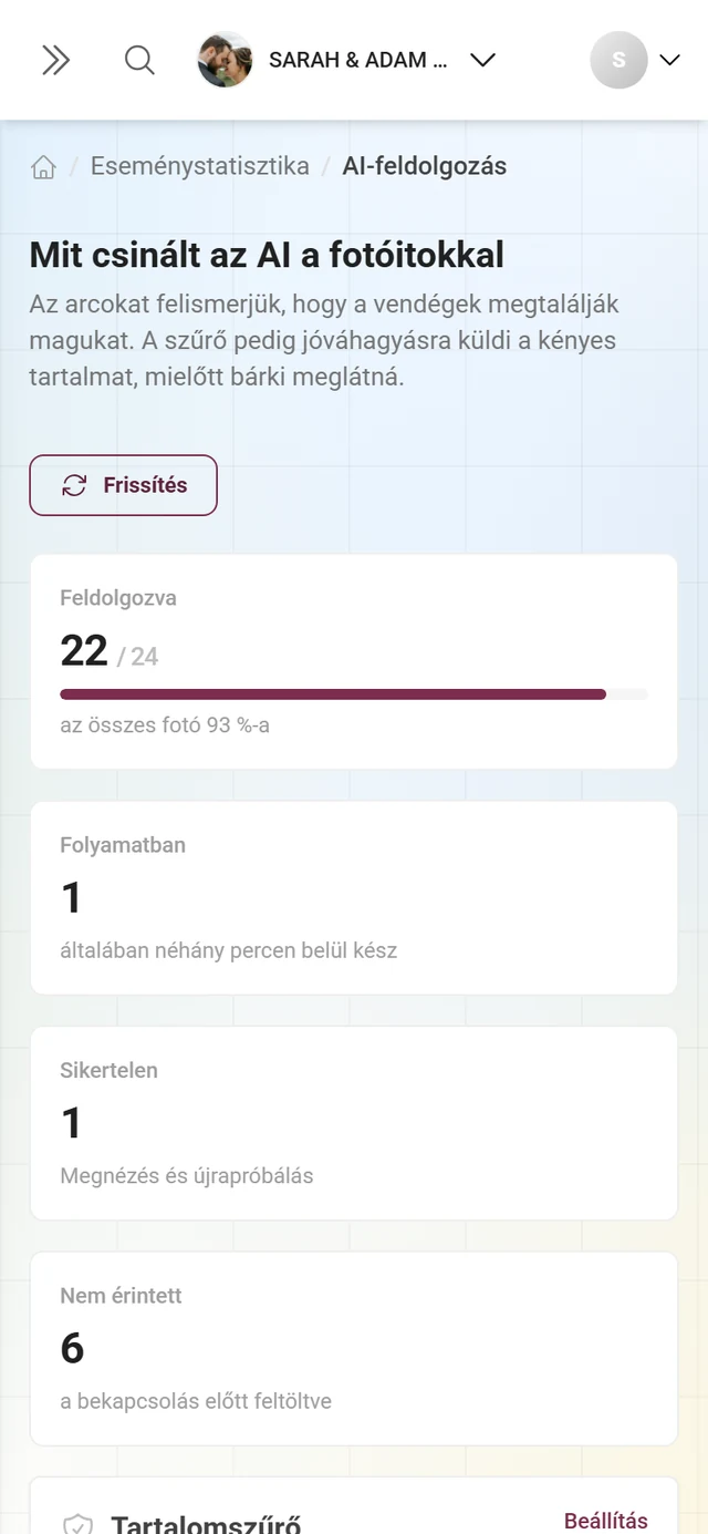 „Mit csinált az AI a fotóitokkal” oldal négy mutatószám-kártyával, valamint egy-egy kártyával a tartalomszűrőhöz és az arcokhoz