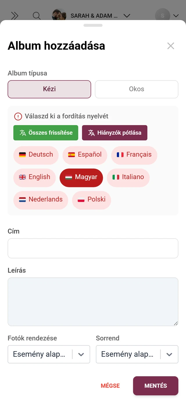 Album létrehozó párbeszédablak album típussal, címmel, leírással, fotórendezéssel és borítóképpel