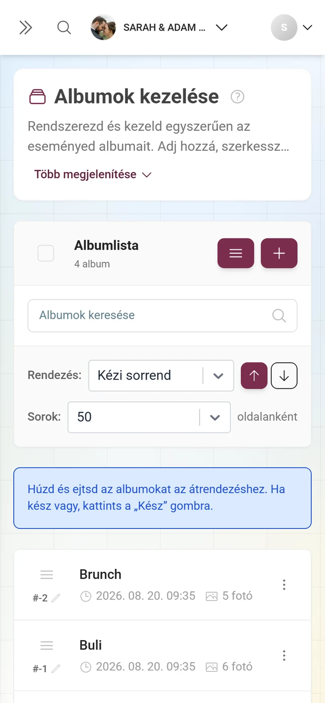 Albumkezelő átrendezés módban a fogd és vidd tanáccsal és a Kész gombbal
