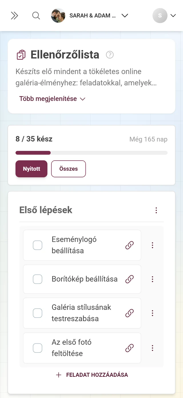 Beállítási ellenőrzőlista folyamatjelző fejléccel, kategóriákkal és feladatokkal