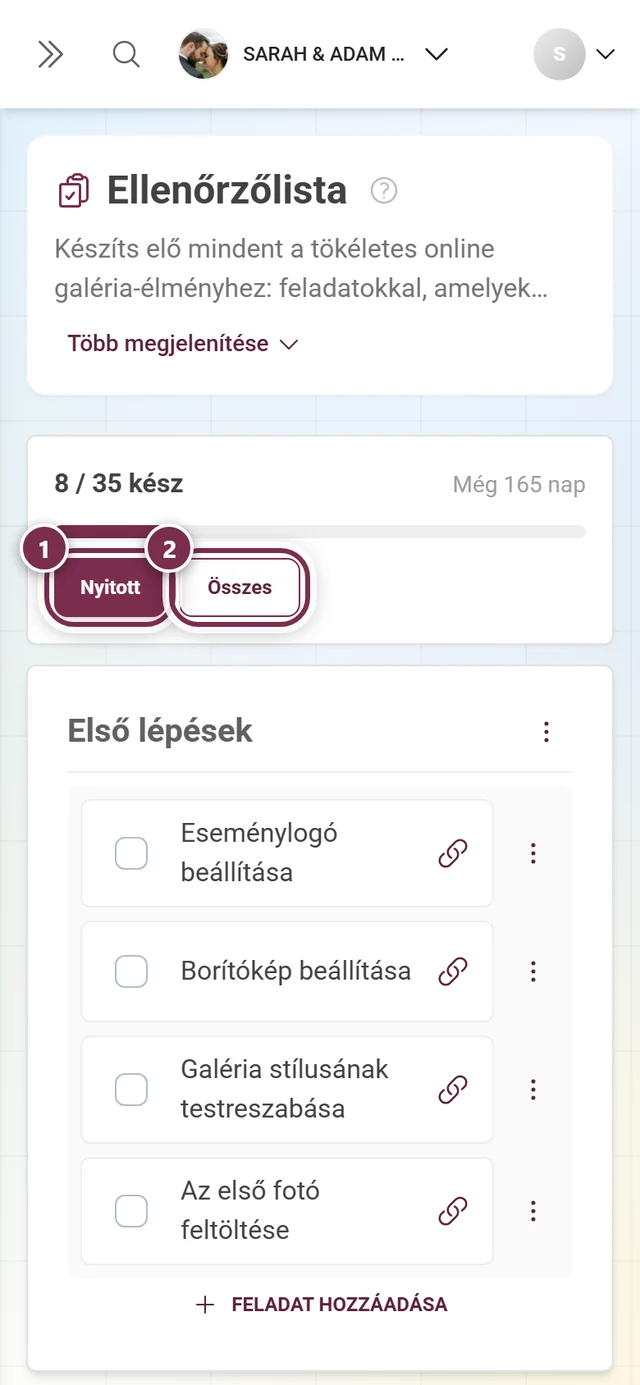 Az ellenőrzőlista teljes nézetének fejléce a kiemelt Nyitott és Mind szűrőgombokkal