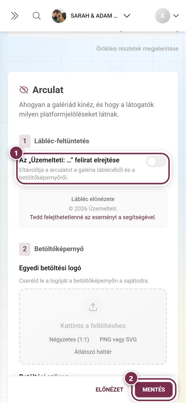 A Lábléc-feltüntetés szakasz a megjelölt kapcsolóval és mentősávval