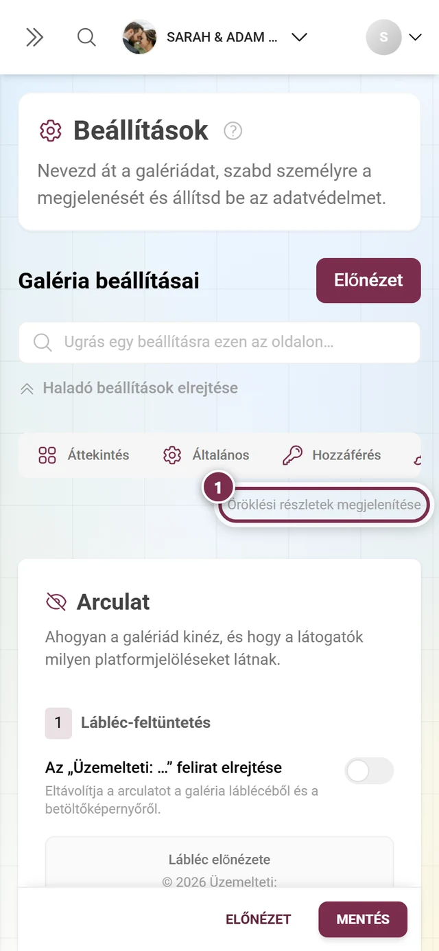 White-Label fül az öröklési részletek kapcsoló kiemelésével