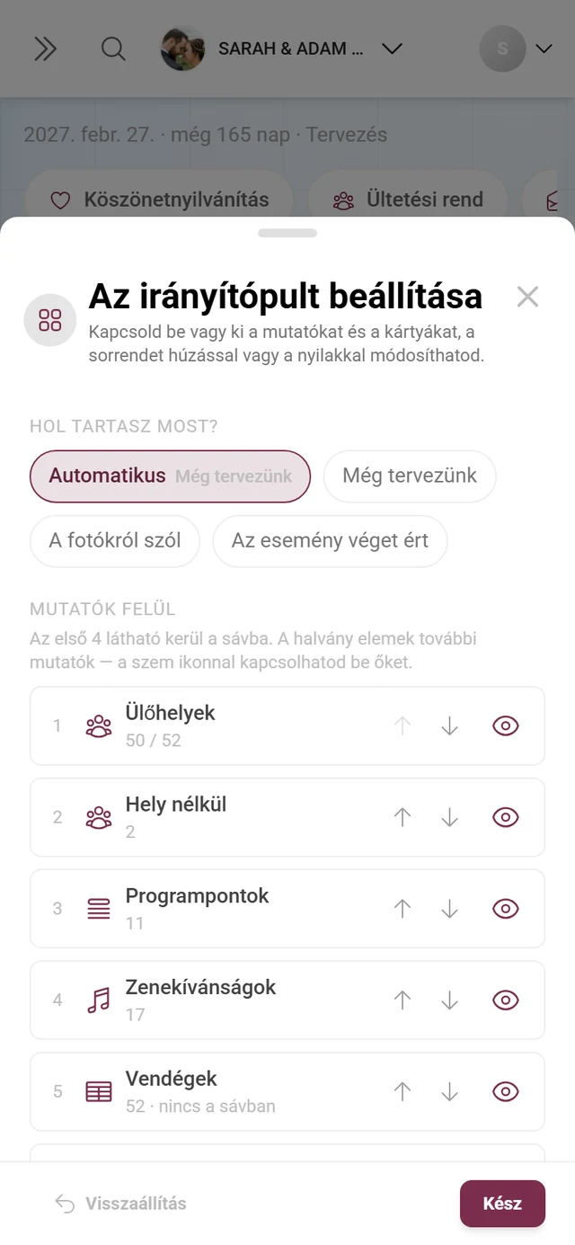 Az „Irányítópult beállítása” párbeszédablak fázissal, kulcsszámokkal és kártyákkal