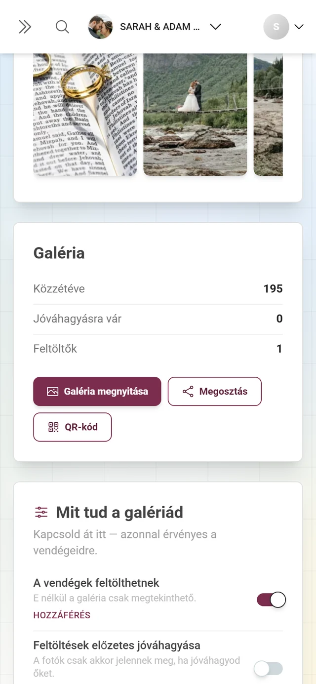 A „Galéria” kártya a számokkal és a Galéria megnyitása, Megosztás, QR-kód gombokkal