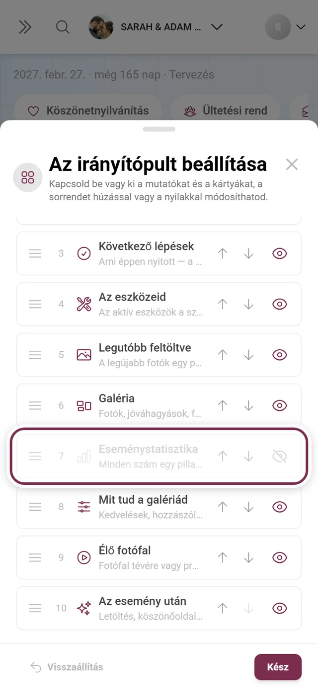Az Irányítópult beállítása párbeszédablak a kiemelt Eseménystatisztika kártyával
