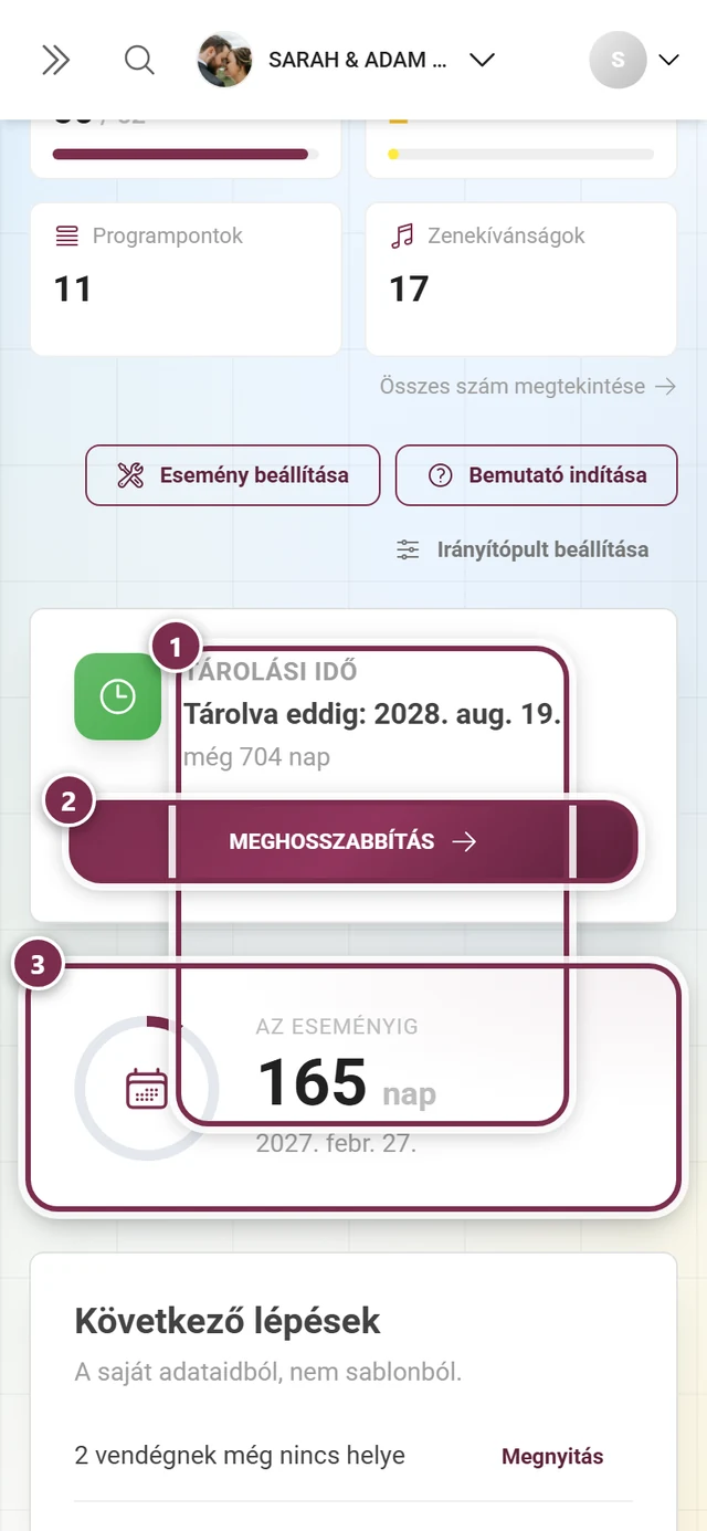 A Tárolási időtartam és a Visszaszámlálás kártyák az irányítópulton
