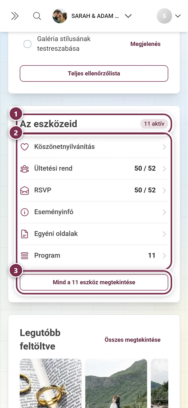 Az eszközeid kártya az irányítópulton, az aktív eszközökkel és számadataikkal