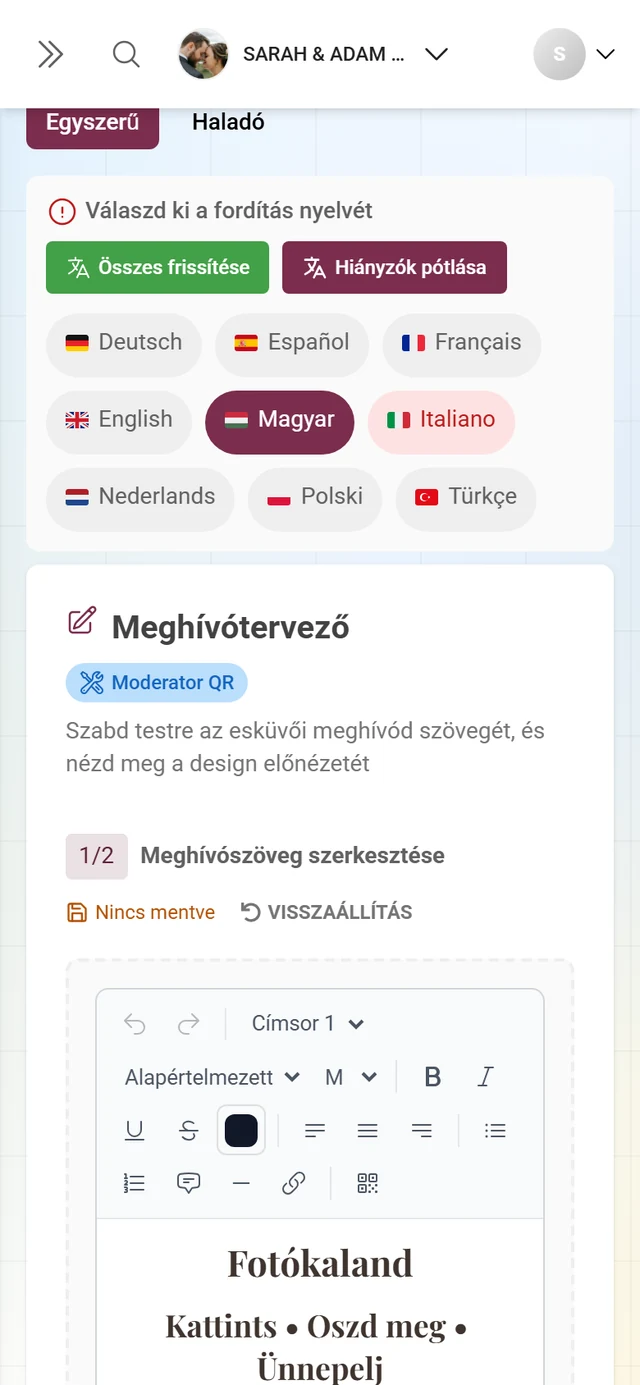 A gyors sablonszerkesztő eszköztára a szöveg hozzáadásához és a meghívó megtervezéséhez