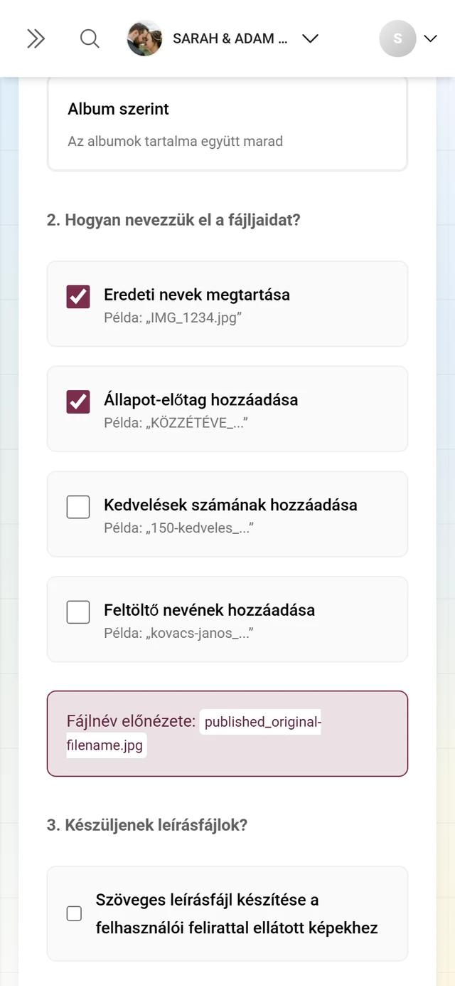 A speciális letöltés 2. lépése a négy elnevezési jelölőnégyzettel és az előnézettel
