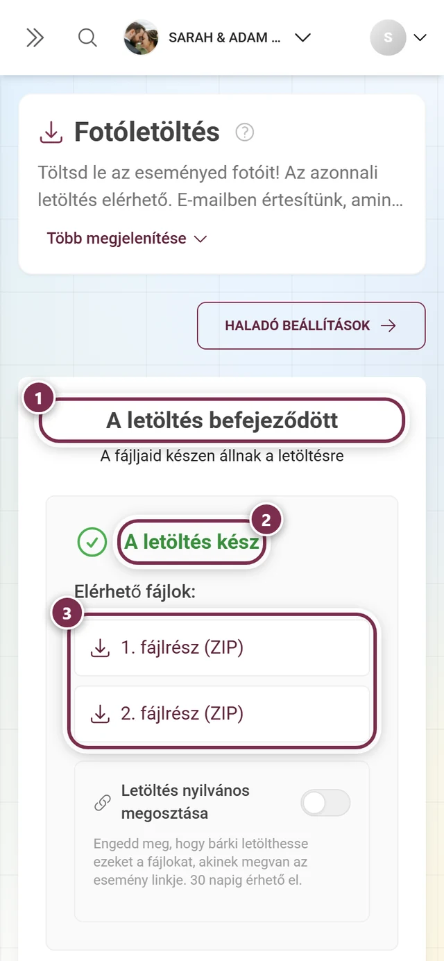 Eredmény képernyő A letöltés befejeződött címmel, a zöld A letöltés kész felirattal és két ZIP-résszel, mindegyik megjelölve