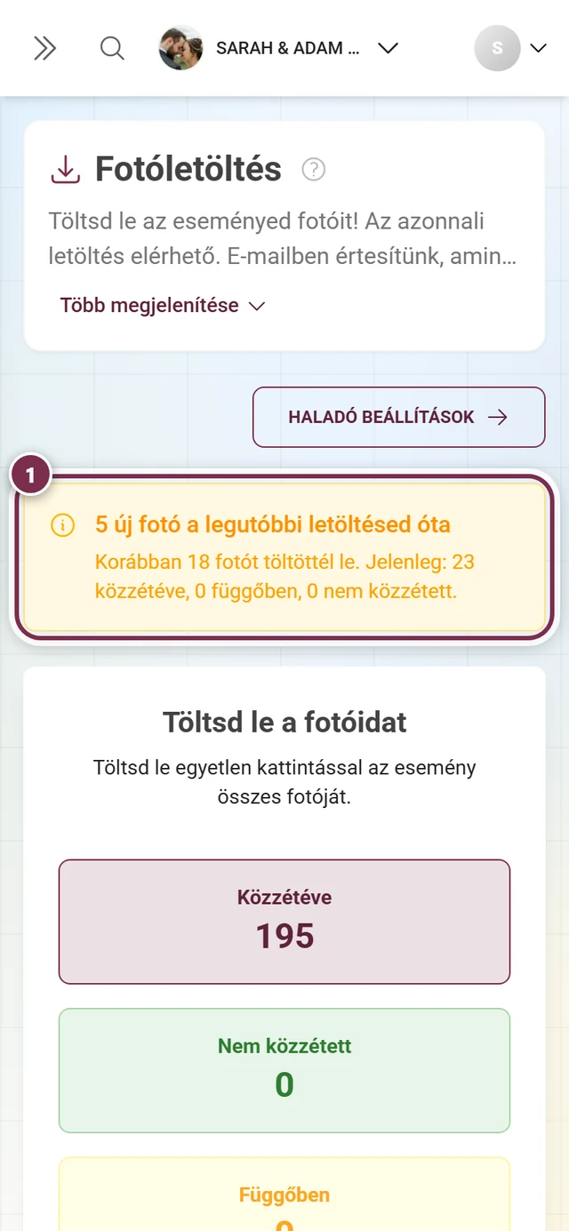 Sárga banner az utolsó letöltés óta érkezett új fotókra vonatkozó figyelmeztetéssel, megjelölve