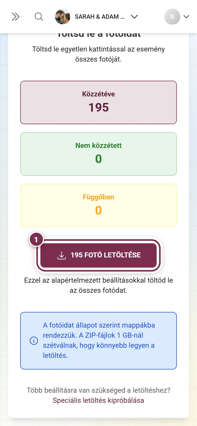 A letöltés gomb a fotók számával, megjelölve