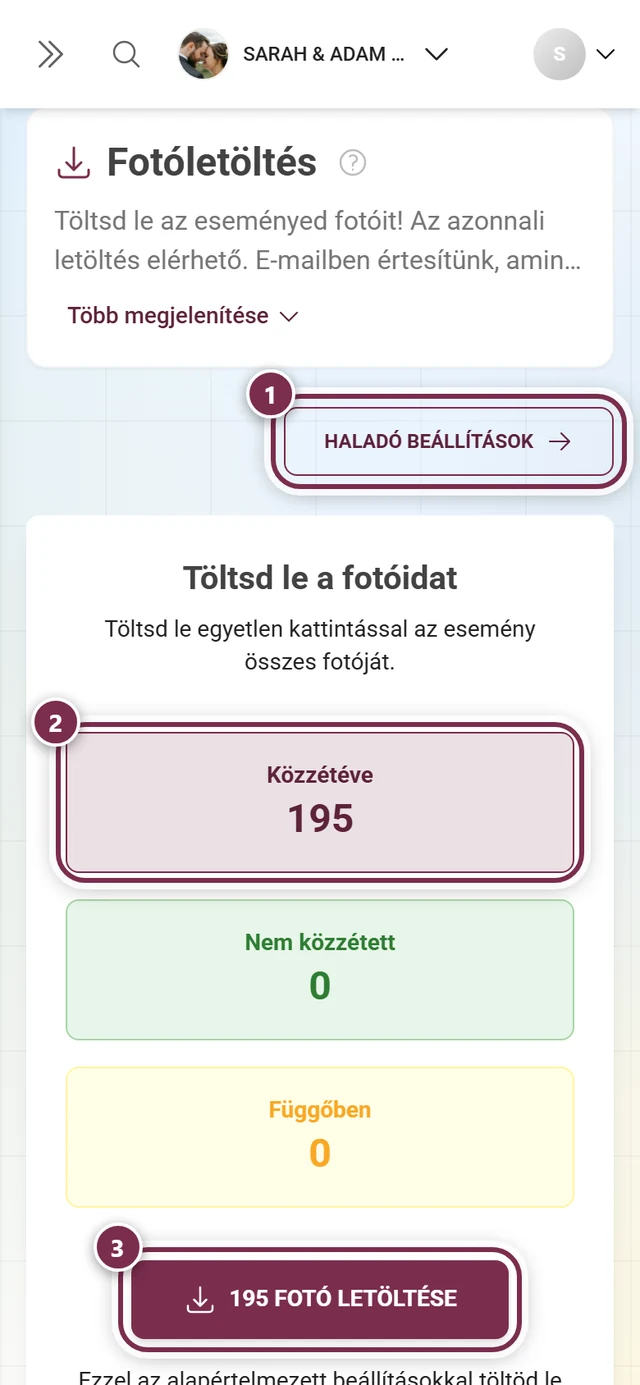 Letöltési oldal a ZIP-mentéshez három megjelölt kezelőelemmel