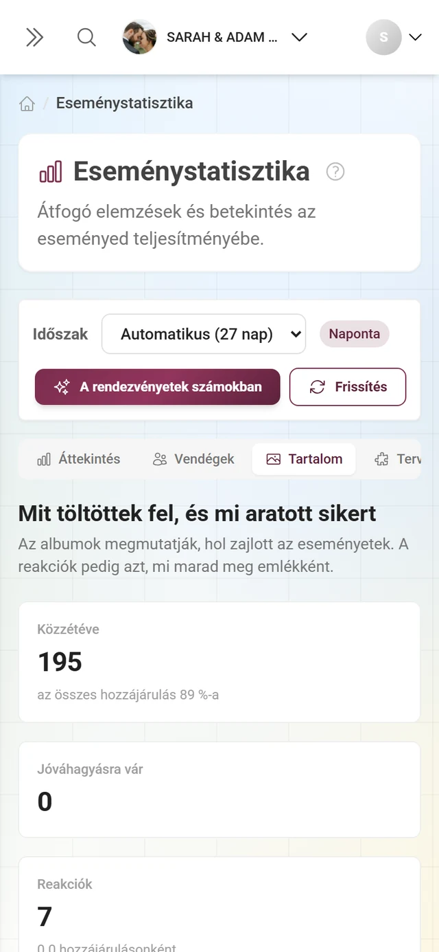 Tartalom terület csempékkel, albumokkal és a legkedveltebb hozzájárulásokkal
