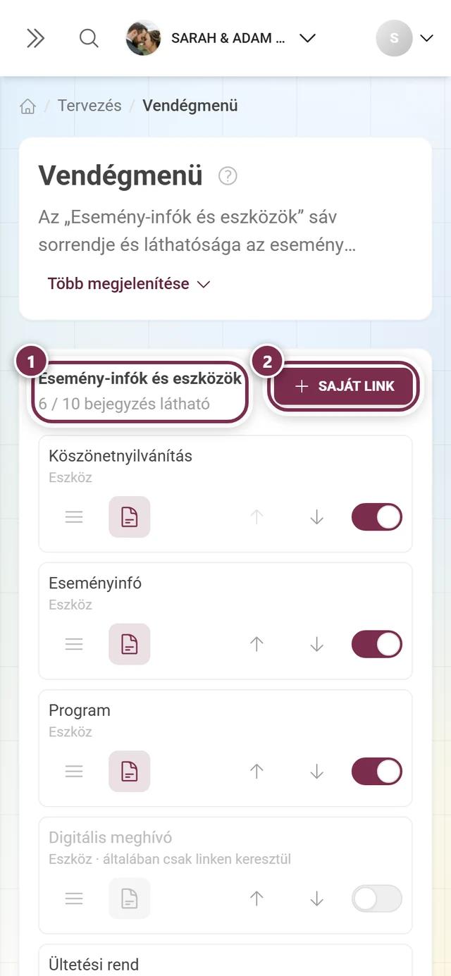 A vendégmenü szerkesztője címmel, számlálóval, a Saját link gombbal és a rendezhető listával