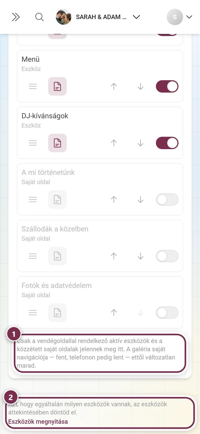 Az oldal alja a lista alatti lábjegyzettel és az eszközök áttekintésére mutató hivatkozással
