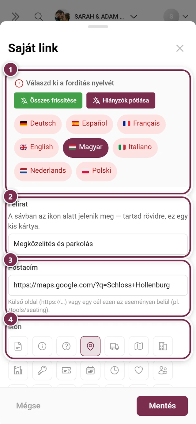 A szervező párbeszédablaka a vendégenkénti személyes menülinkekkel