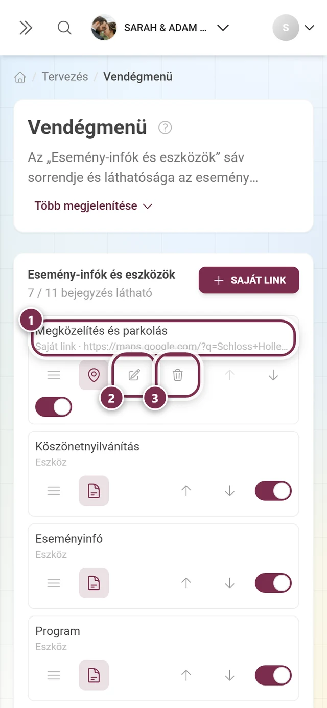 Egy saját link sora a címmel, a ceruzával és a lomtárral