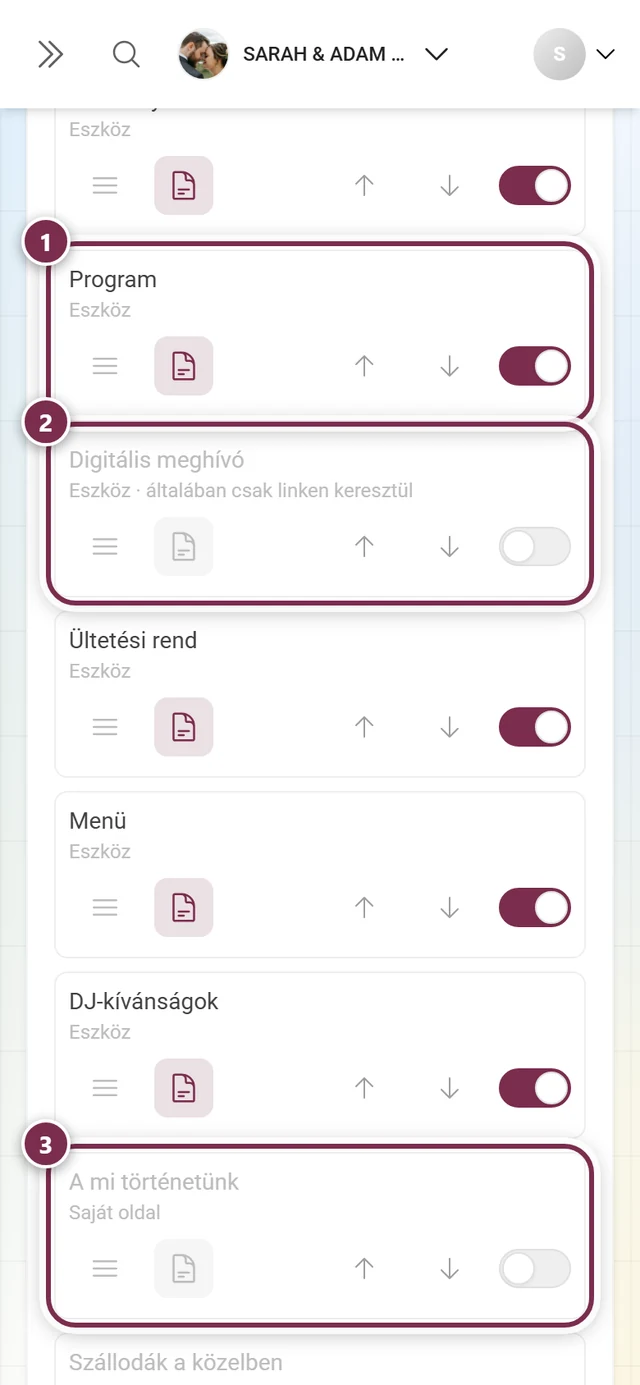A vendégmenü három sora az Eszköz, a csak linken elérhető eszköz és a Saját oldal típusokkal