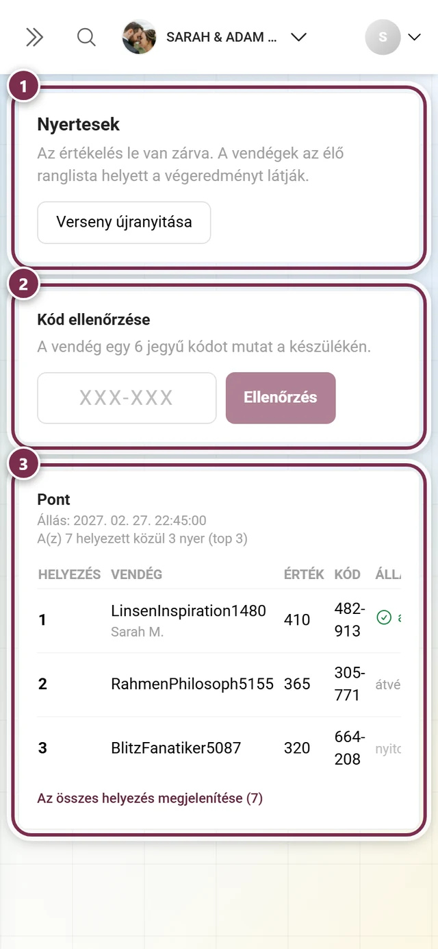 Nyertesek oldal a Nyertesek blokkal, a Kód ellenőrzése mezővel és a Pont értékelési táblázattal