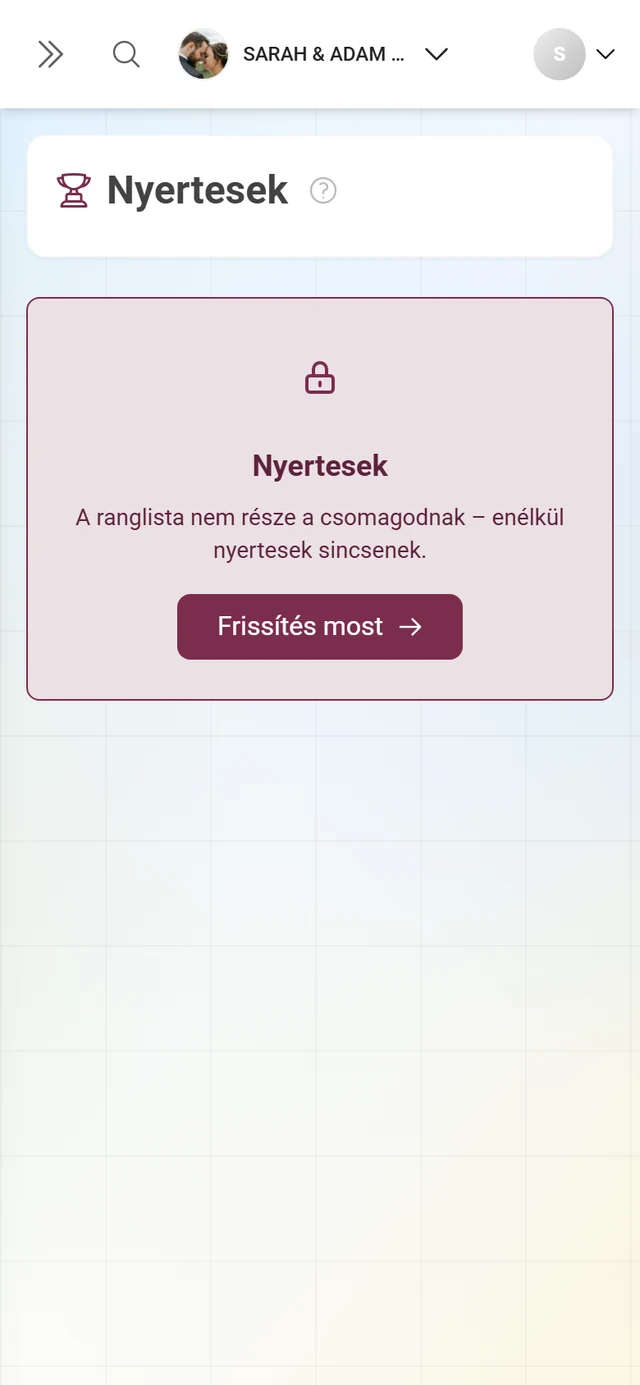 Zárolt nyertesek oldal lakat ikonnal és a Frissítés most gombbal