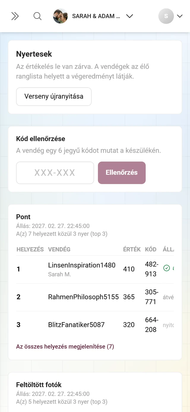Két táblázat egymás alatt, Pont és Feltöltött képek, mindegyiknek saját nyertesei