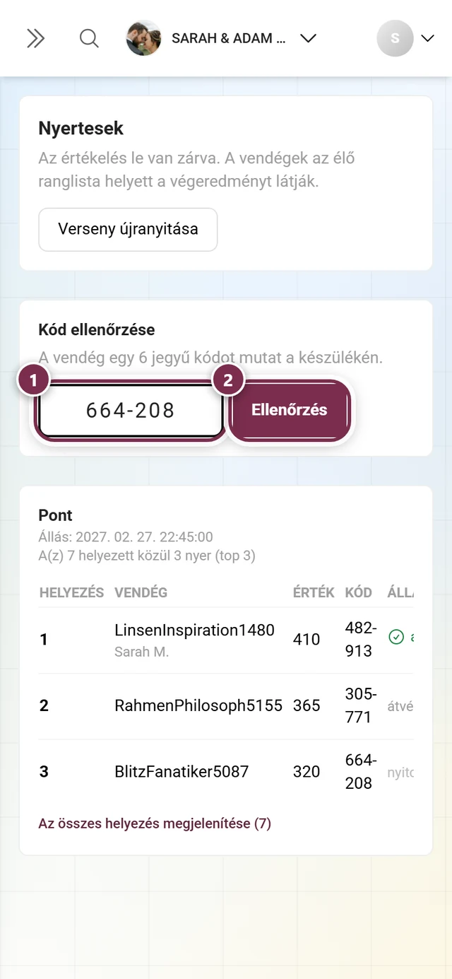 A Kód ellenőrzése mező a beírt kóddal és az Ellenőrzés gombbal