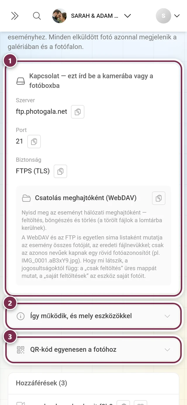 Élő feltöltés oldal a kiemelt kapcsolati kártyával és a két lenyitható résszel