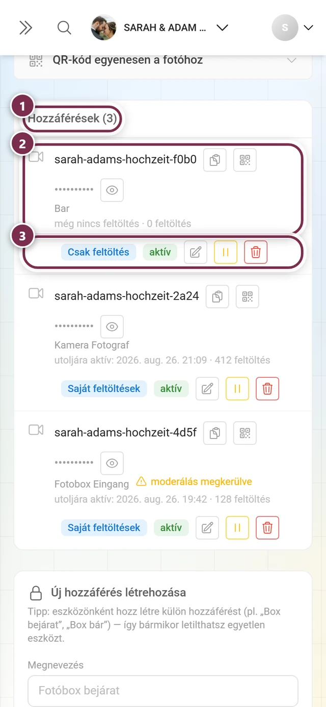 A létrehozott hozzáférések listája a kiemelt címmel és egy kiemelt sorral