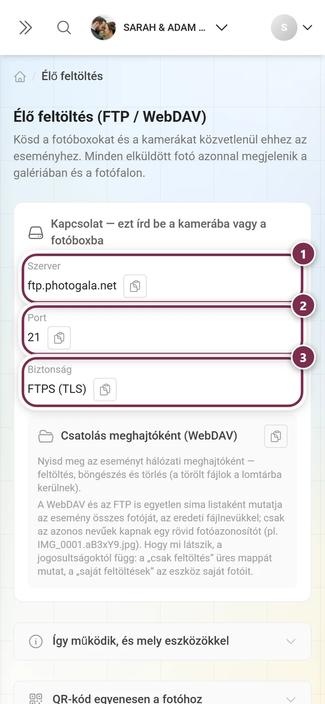 Kapcsolati kártya a kiemelt Szerver, Port és Biztonság mezőkkel