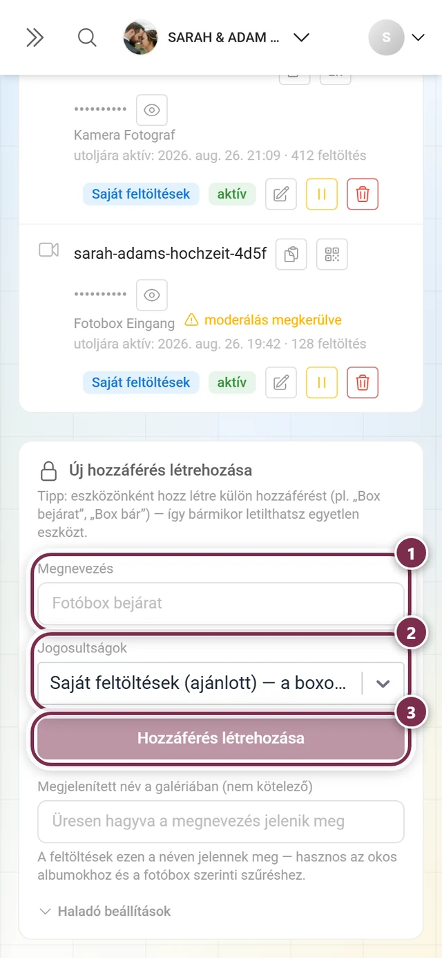 Új hozzáférés létrehozása űrlap a kiemelt Megnevezés mezővel, a kiemelt Jogosultságok kiválasztóval és a kiemelt Hozzáférés létrehozása gombbal