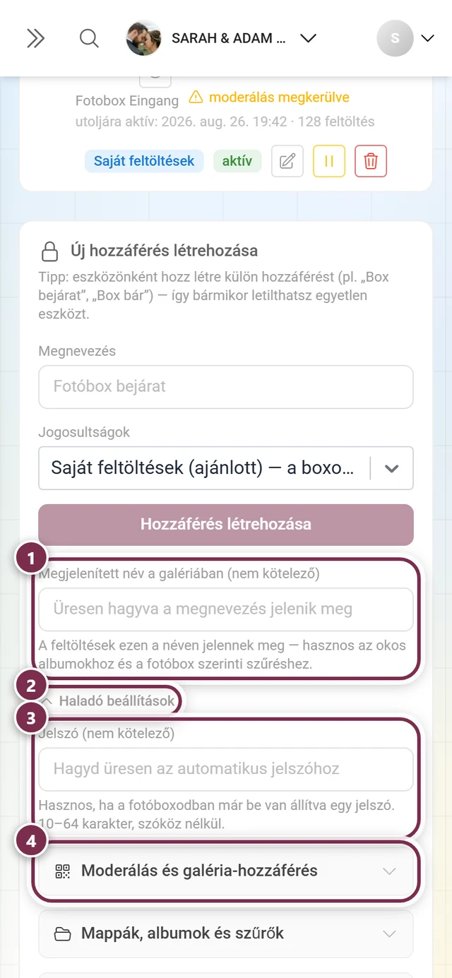 Új hozzáférés űrlap a kiemelt megjelenített névvel, a Haladó beállítások lenyitóval, a jelszómezővel és az első beállításcsoporttal