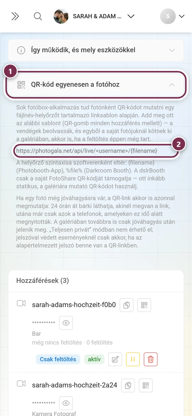Kinyitott QR-kód egyenesen a fotóhoz rész a kiemelt linksablonnal