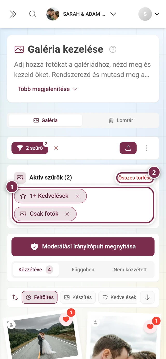 Az Aktív szűrők sáv két chippel és az Összes törlése gombbal