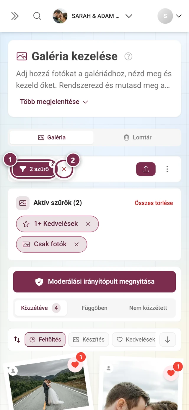 Műveletsáv a kiszínezett szűrőgombbal, rajta a darabszámmal és a mellette lévő piros X-szel