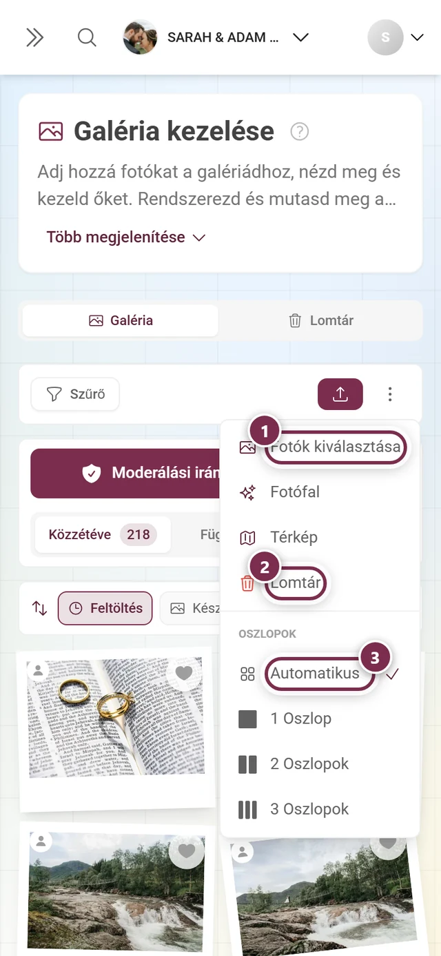 Nyitott háromipontos menü telefonon a Fotók kiválasztása, Fotófal, Térkép, Lomtár és a méretválasztó bejegyzésekkel