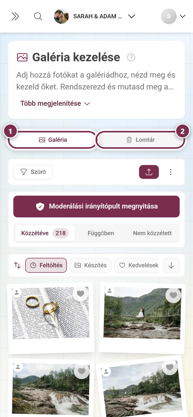 Az oldal fülsávja a kiemelt Galéria és Lomtár fülekkel