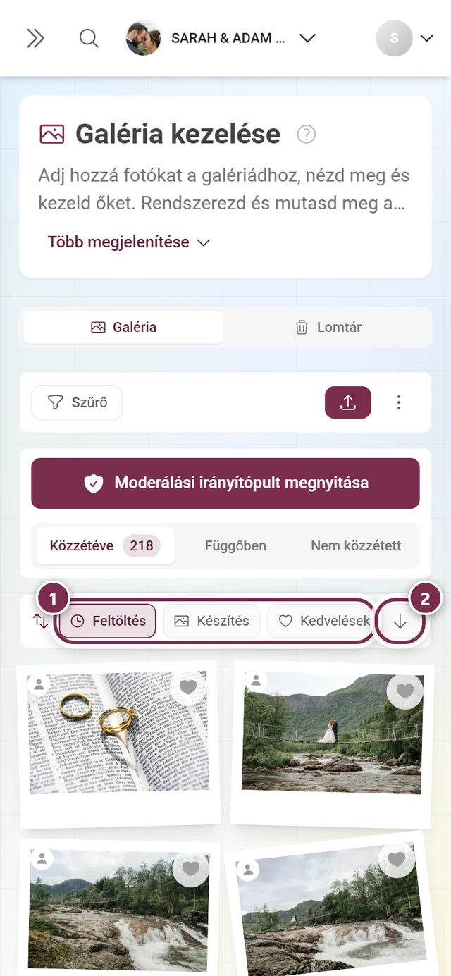 A rendezősáv a kiemelt szempontokkal és a kiemelt iránygombbal