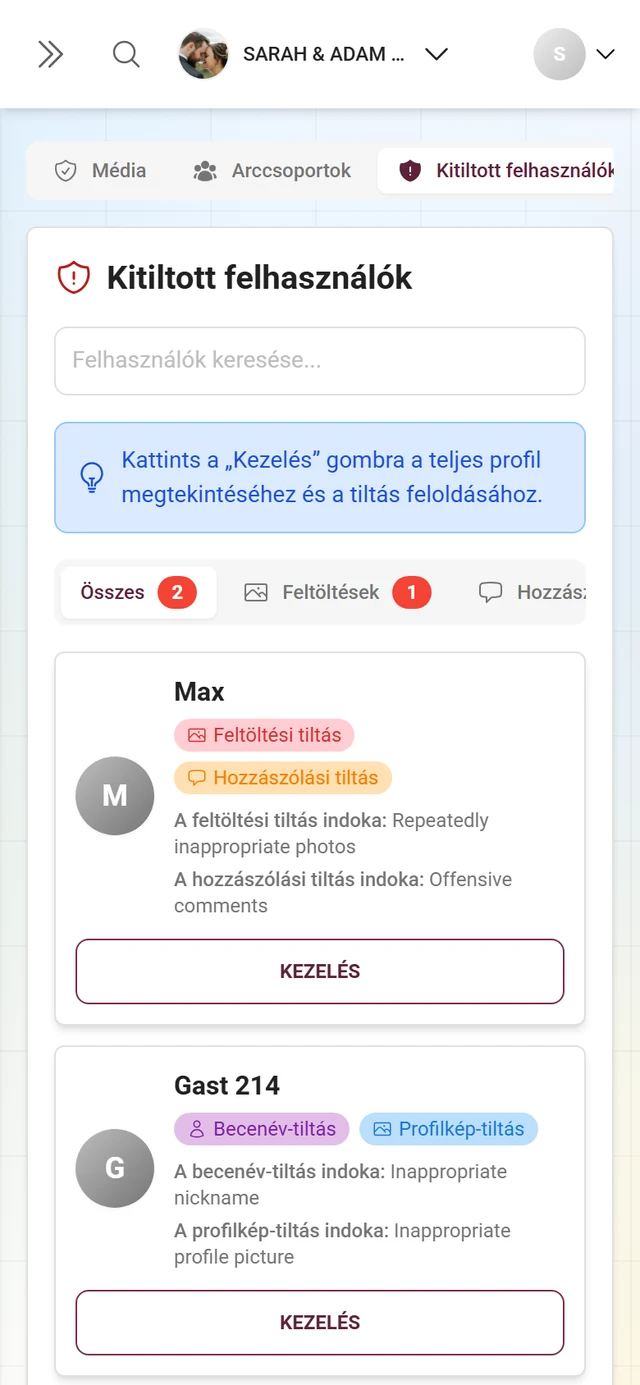 Kitiltott felhasználók fül alfülekkel és a kitiltott személyekkel, kitiltási jelvényekkel