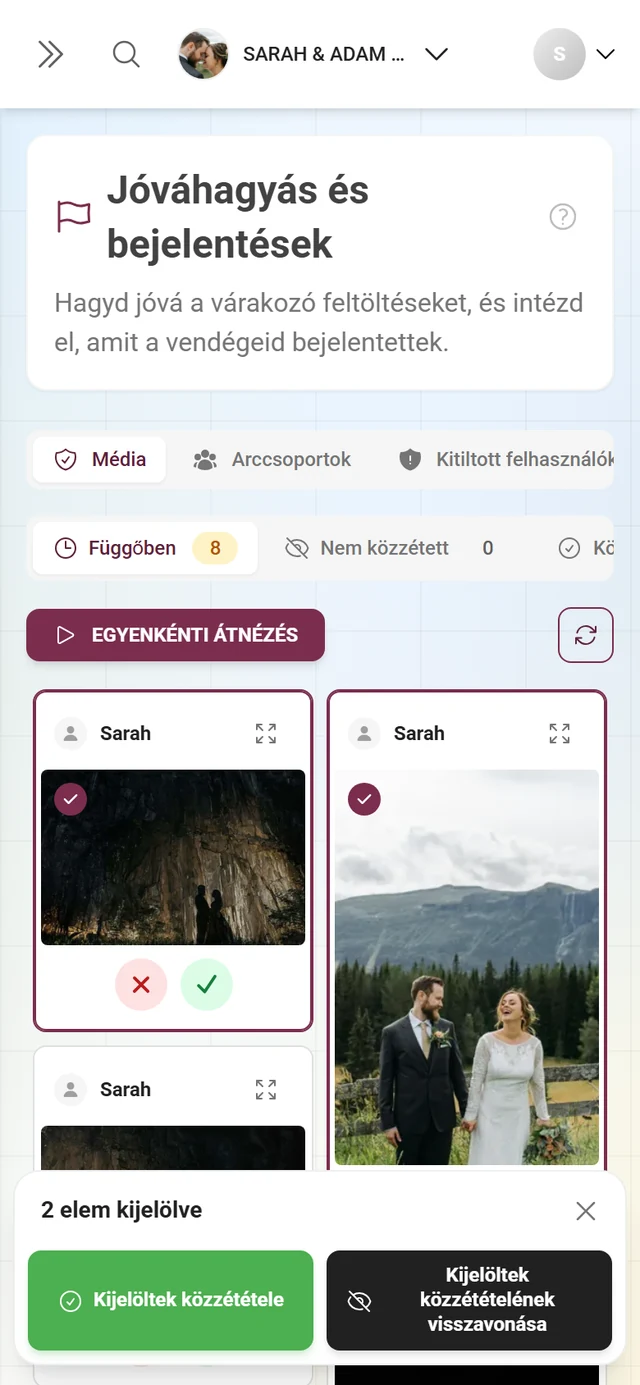 Két kijelölt kártya kijelölő gyűrűvel, és a lebegő sáv a Kijelöltek közzététele és Kijelöltek közzétételének visszavonása gombokkal, valamint a kijelölést törlő X-szel