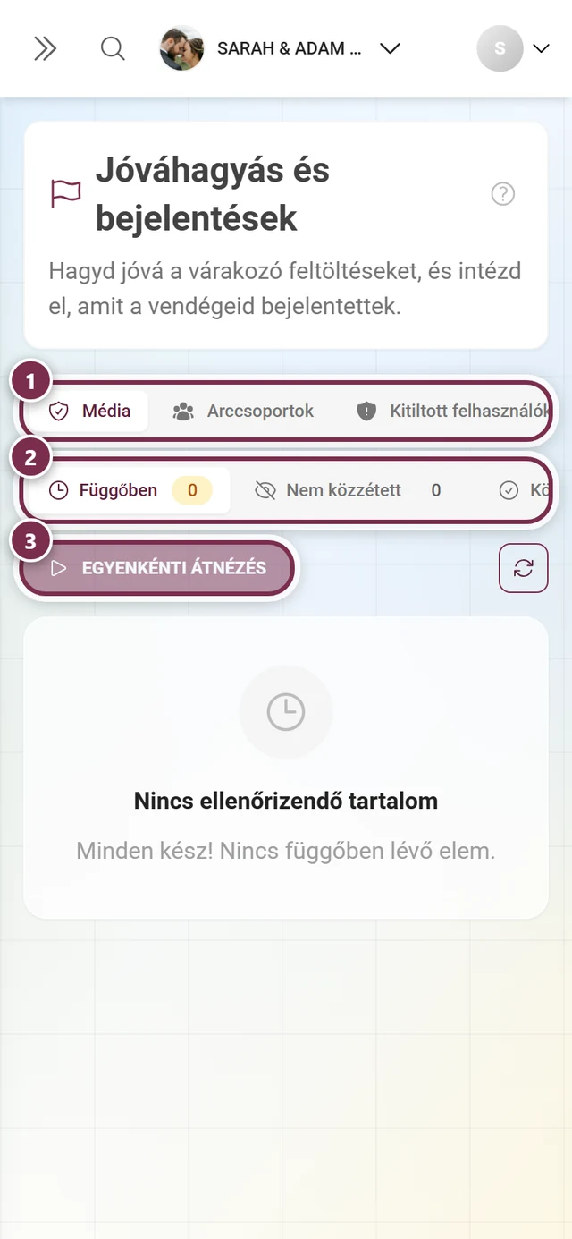 Jóváhagyás és bejelentések oldal az admin felületen a Média, Kitiltott felhasználók és Bejelentések fülekkel