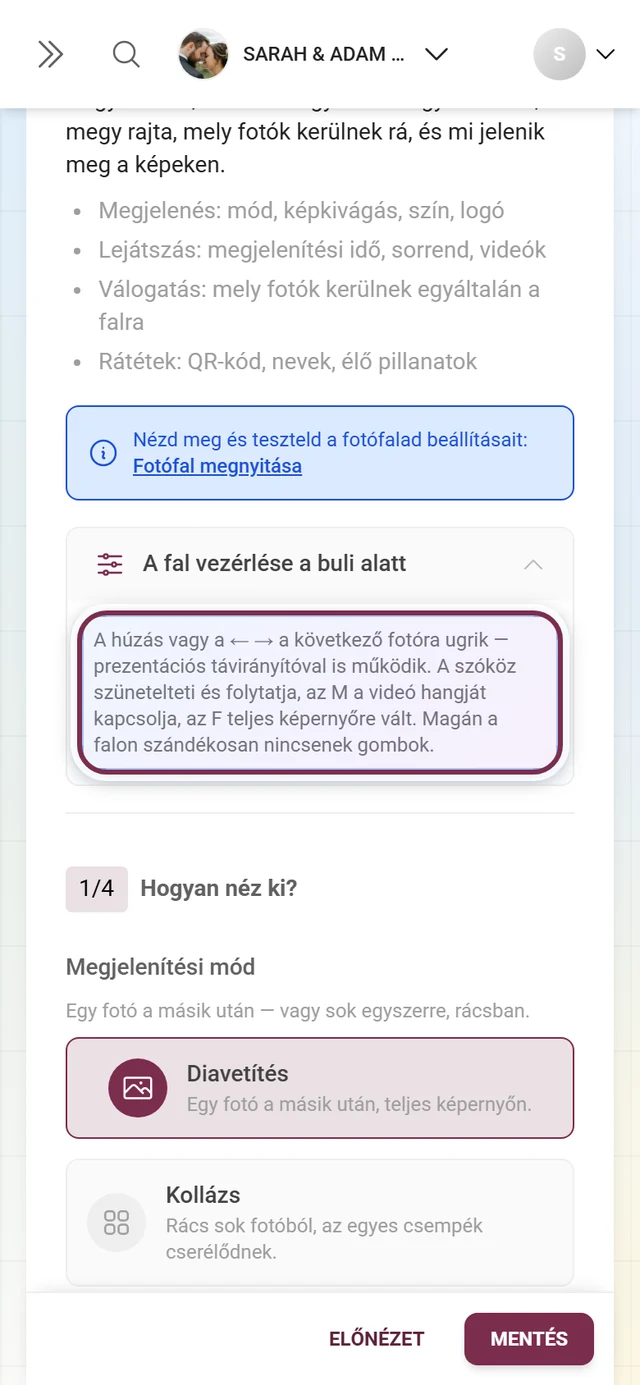 Kinyitott A fal vezérlése a buli alatt szakasz a billentyűparancsokkal