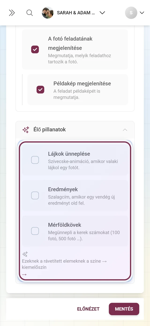 Kinyitott Élő pillanatok szakasz a Lájkok ünneplése, Eredmények és Mérföldkövek kapcsolókkal