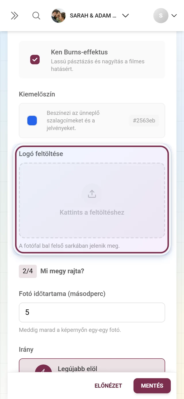 Feltöltési mező a fotófal logójához a fotófal beállításai 1. kérdésében