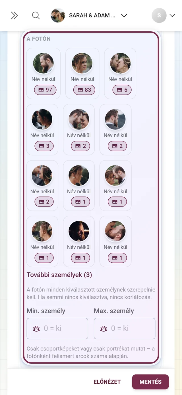 Személyek szakasz a fotófal fülön a személyszűrővel, illetve az arcfelismerésre vonatkozó tájékoztatással