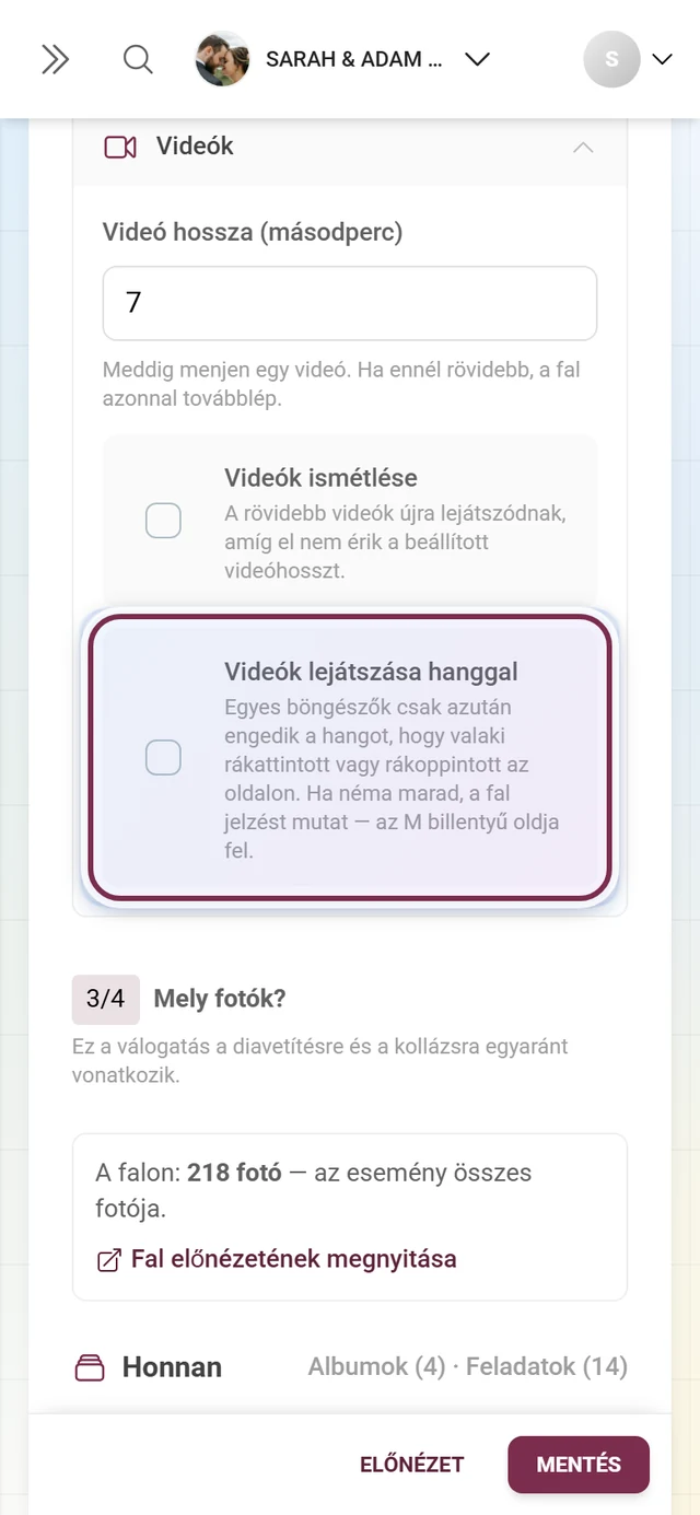 Kinyitott Videók szakasz a kiemelt Videók lejátszása hanggal kapcsolóval