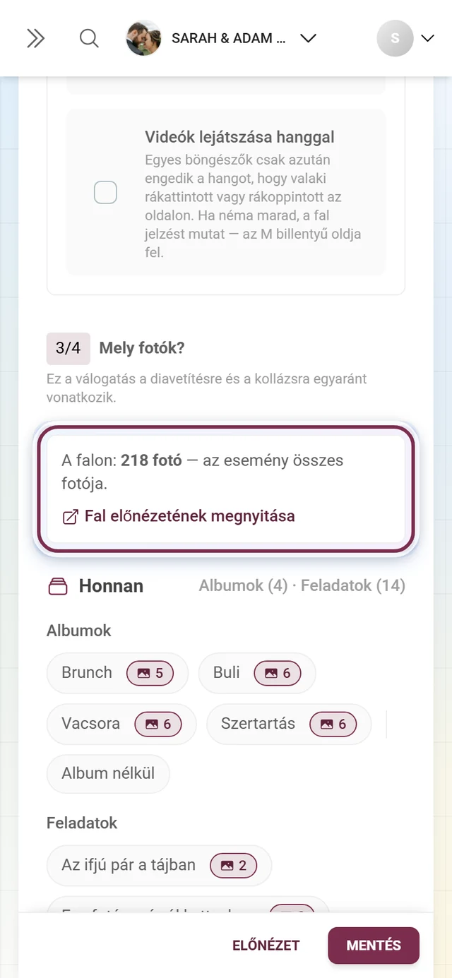 A Mely fotók kérdés fejléce az A falon sorral és az aktív korlátozásokkal